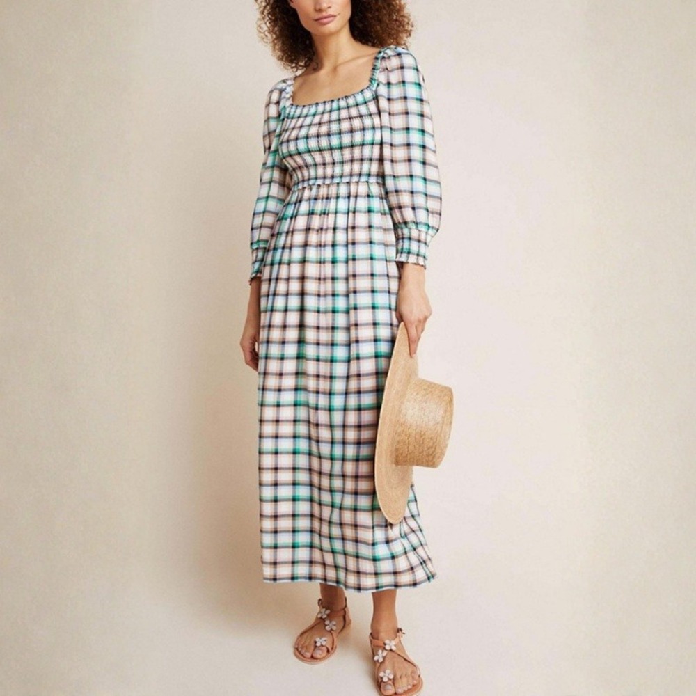 Anthropologie Maeve Cerie Smocked Maxi Dress Plaid Puff Sleeve Size Large